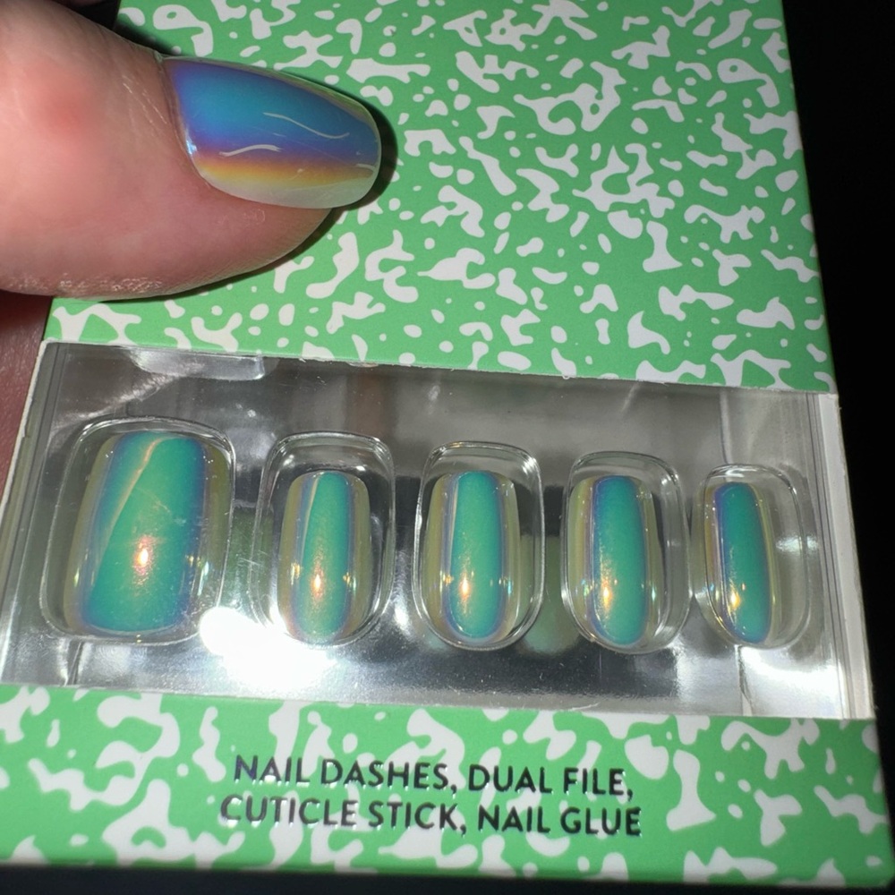 Red Aspen press on nails green holographic Jennifer’s Lessons in growth acrylic